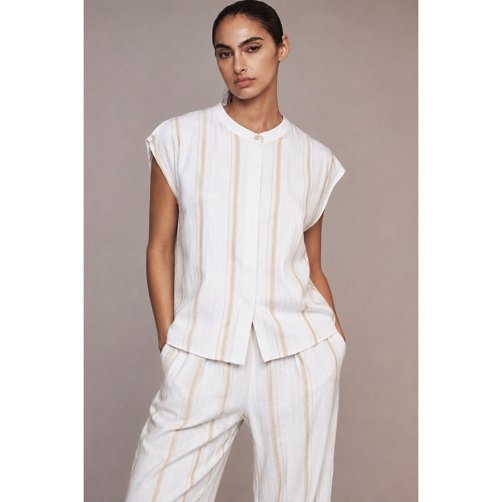 Jarbo Lily Cap Sleeve Linen Cotton Button Top White Tan Stripe 4 EUC $268